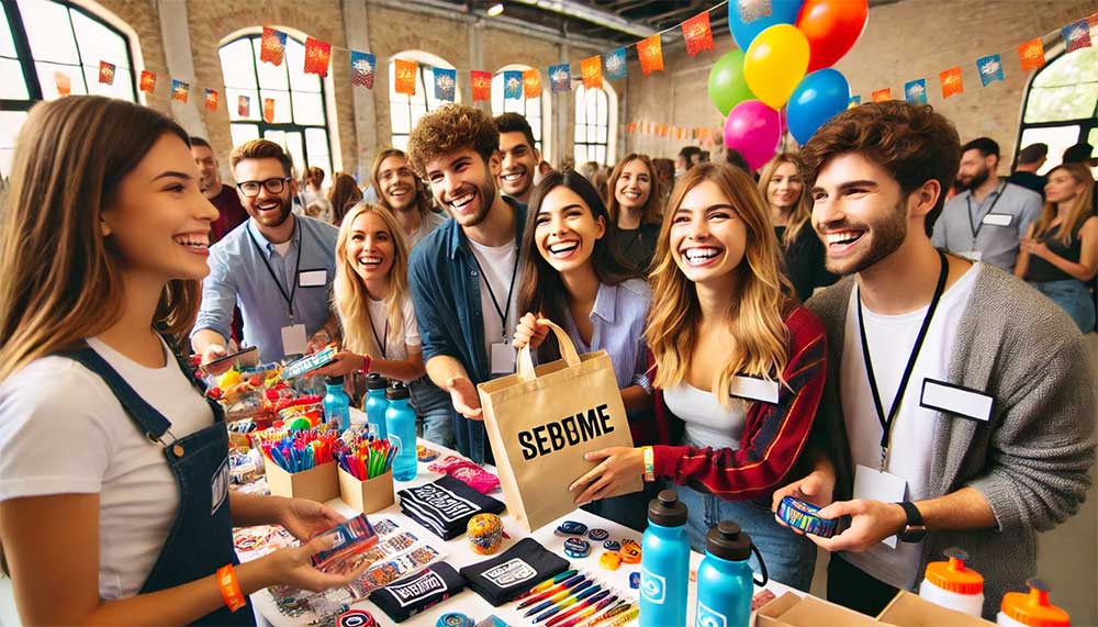 Distribution de goodies publicitaires personnalisés lors d’un événement d’entreprise, renforçant l’engagement et la visibilité de la marque