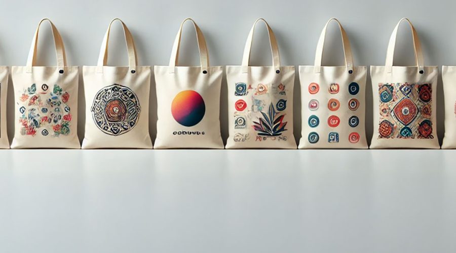 Collection de tote bags imprimés en DTF avec des designs colorés et complexes.