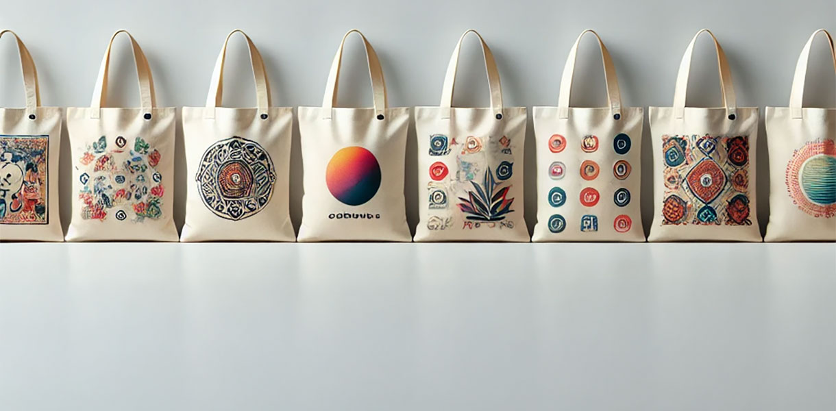 Collection de tote bags imprimés en DTF avec des designs colorés et complexes.