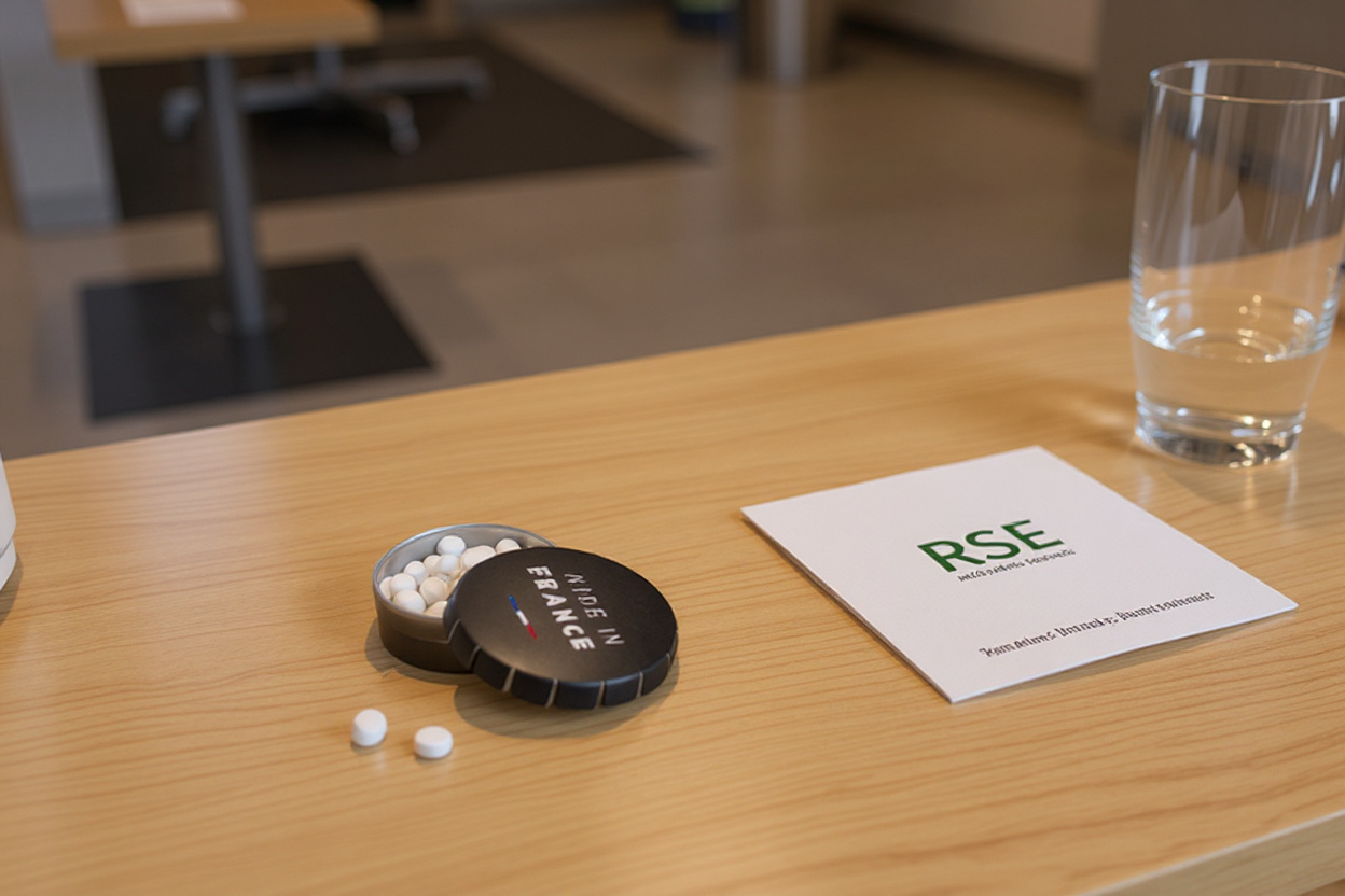 Une seule boîte de pastilles publicitaire Made in France ouverte sur un comptoir d’accueil en bois, avec une carte RSE en papier recyclé.