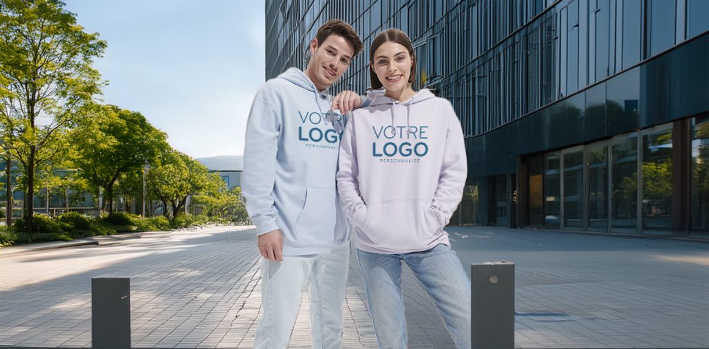 Sweat-shirt personnalisé avec logo, porté par des mannequins en situation lifestyle