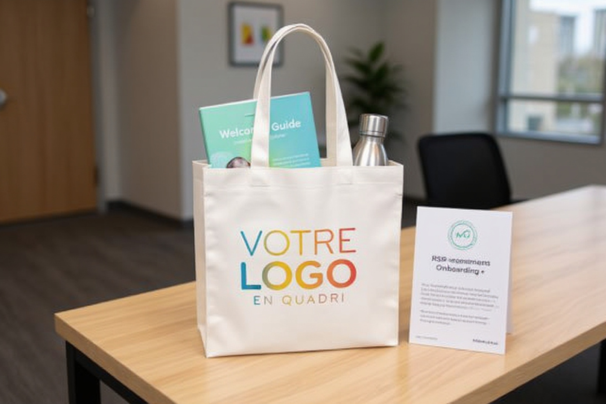 Un tote bag d’entreprise personnalisé, posé sur le bureau d’accueil d’un nouvel employé, mettant en avant le kit d’onboarding et les engagements RSE.