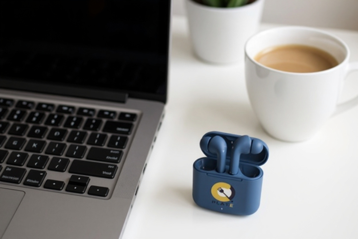 Écouteurs sans fil bleus dans leur boîtier posés à droite d’un ordinateur portable sur un bureau lumineux.