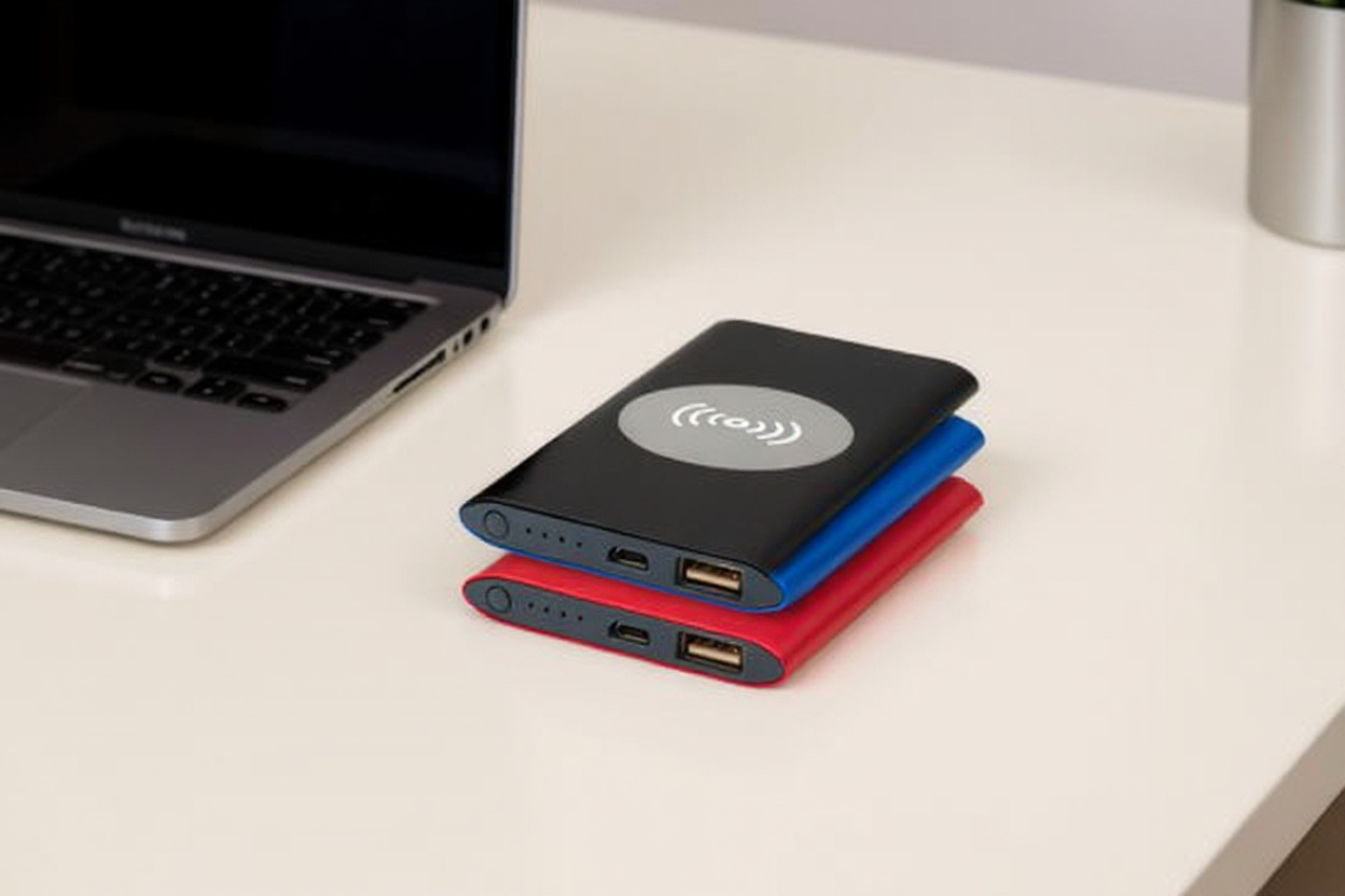 Un power bank sans fil sur un bureau d’entreprise recharge un smartphone pendant une formation conformité et sécurité.