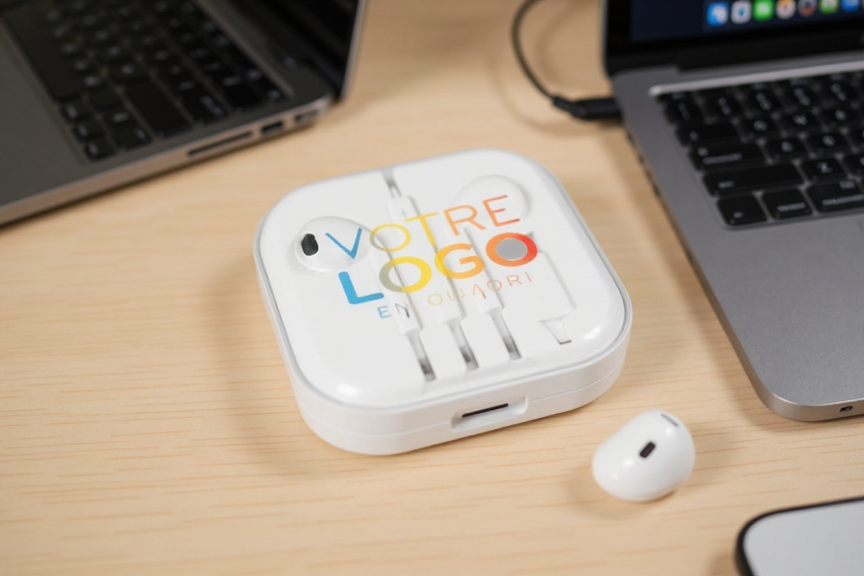 Sur un bureau épuré, un unique kit d’écouteurs filaires personnalisés dans son étui est branché au smartphone, prêt pour les appels.