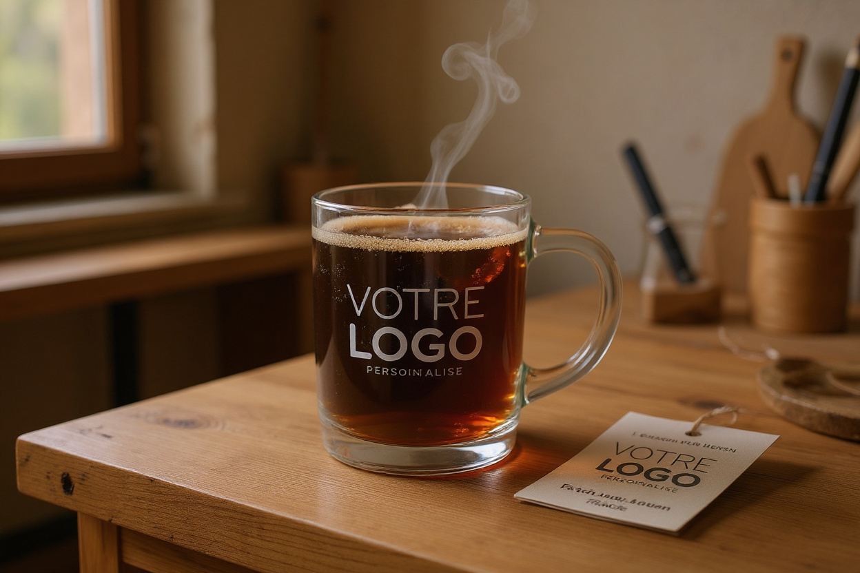 Un mug en verre personnalisable sur un établi en bois dans un atelier français, avec vapeur de café et étiquette « Fabriqué en France ».