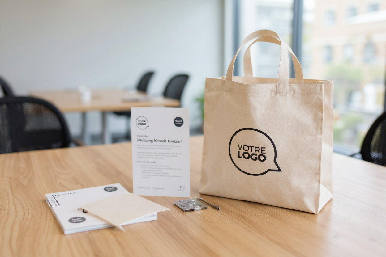 Un unique kit d’intégration dans un tote bag marqué posé sur le bureau d’un nouveau salarié, avec quelques essentiels visibles.