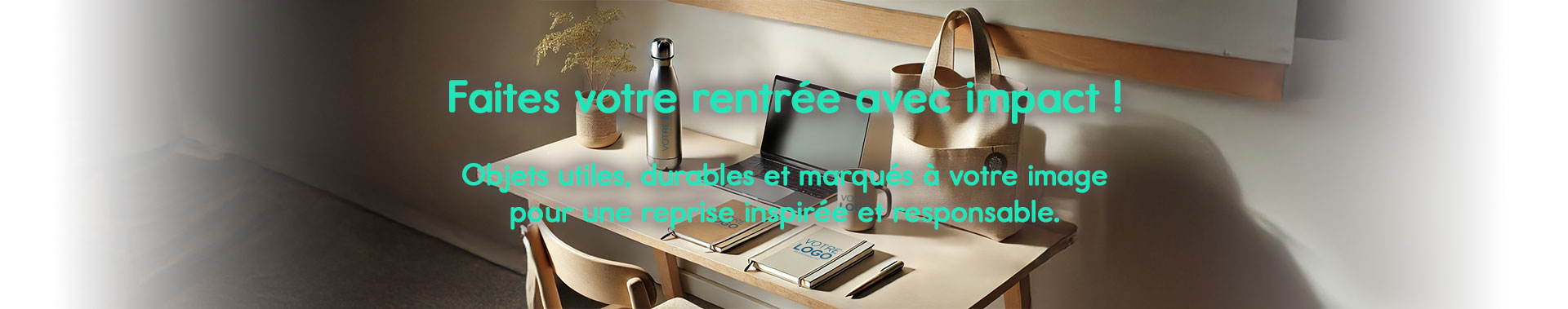 Restez au chaud cet hiver avec des objets publicitaires personnalisés ! Objets publicitaires éco-responsables pour la rentrée : carnet kraft, mug inox, tote bag coton bio, stylo bambou et gourde design personnalisables — ambiance bureau moderne et durable.